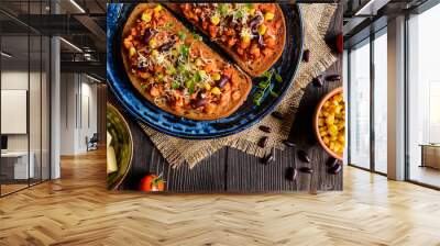 Fried toasts with chicken meat, tomato, chili, pepper, beans and Wall mural