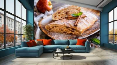 Traditional puff pastry strudel with apple and raisins filling Wall mural