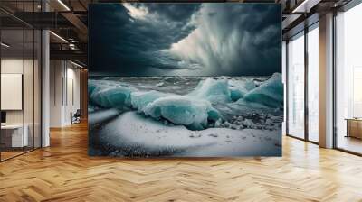 Pieces of Iceberg in polar regions with stormy cold weather and raging sea Wall mural