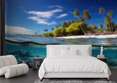 Tropical underwater postcard photograph with an island in the background. Wall mural