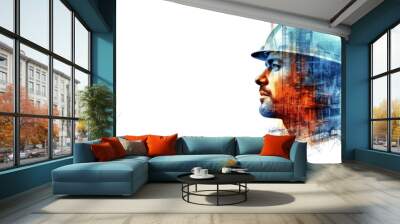  Building engineer, construction worker working with modern civil equipment technology.Future building construction engineering project devotion with double exposure  Wall mural