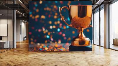 1st champion award, the best prize and winner concept, championship cup or winner trophy on wood table on dark wall and white smoke confetti background,generative ai. Wall mural