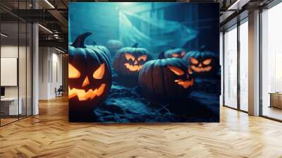 A spooky forest sunset with a haunted evil glowing eyes of Jack O' Lanterns on the left of a wooden bench on a scary halloween night. Wall mural