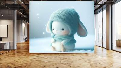 A super cute baby white fairy rabbit wearing a cyan sweater, wearing cyan a hat snowing background.Generative AI. Wall mural