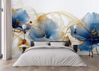 a wallpaper botanical flowers with one big flower for whole artwork flowing alcohol ink style bioluminescence white background, white, gold, generative ai. Wall mural