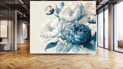 A wallpaper of a rococo blooms flowers dreamy intricate details pastel scheme blue gold  tone fantasy fairytale aesthetic rococo luxurious style background,generative ai. Wall mural