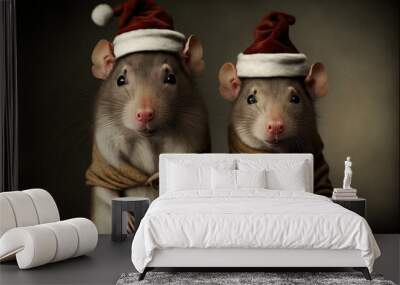 adorable tiny cute rats in christmas outfits on Christmas background.generative ai. Wall mural