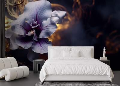 beautiful silver gold pearl black petals purple orchid branches of dark colors transparent petals are beautiful and smooth like feathers, the background is blurred light gold smoke. Wall mural