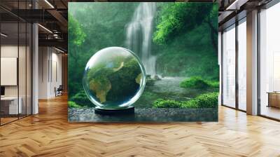 Environment conservation concept. Close up of glass globe in the forest with copy space background 3d render. Wall mural