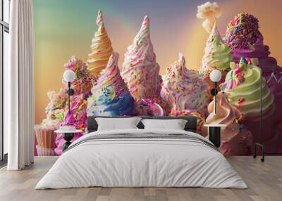 fantasy colorful sweet magical landscape of ice cream and candy on blurred background 3d render. Wall mural