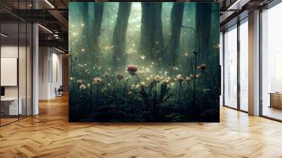 fantasy fabulous wide panoramic photo background with autumnal pine tree forest, summer rose and bluebell campanula flower bush. 3D illustration.background,environment,future imagine. Wall mural