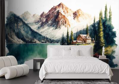 illustration of the alps with beautiful lake in front of it, watercolor masterpiece,Generative AI. Wall mural