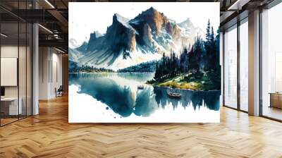 illustration of the alps with beautiful lake in front of it, watercolor masterpiece,Generative AI. Wall mural