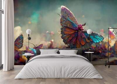 large stunningly beautiful fairy wings Fantasy abstract paint colorful butterfly sits on garden.The insect casts a shadow on nature.The insect has many geometric angles.3d render Wall mural