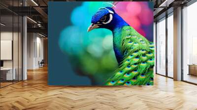 male peacock, fanned feathers, very detailed blurred background. Wall mural