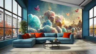 Science fantasy clouds become butterflies of mythological legend background.large stunningly beautiful fairy wings Fantasy abstract paint 3d render. Wall mural