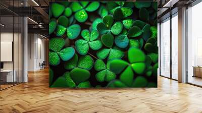 St. Patrick's Day abstract green background decorated with shamrock leaves. Patrick Day pub party celebrating. Abstract Border art design magic backdrop,generative ai. Wall mural