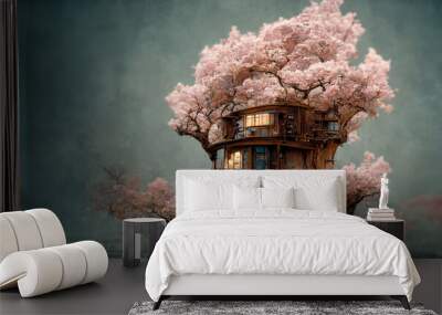 wonderful abstrat enviroment cherry blossom temple tree house 3d with sky background. Wall mural