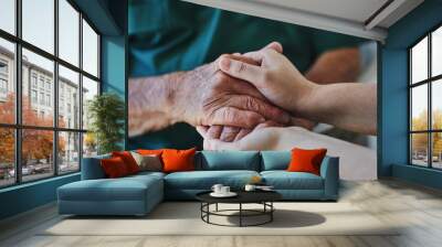 Support, senior man and woman holding hands with care, love and empathy while together for closeup. Hand of elderly male and person for hope, trust and kindness or help with life insurance and health Wall mural