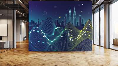 concept technology connection data big design line wave intricate aesthetic gradient connect point dot abstract city smart kuala lumpur skyline landscape code colours colourful Wall mural