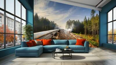 Large oil pipeline cutting through a dense forest with steam and scattered machinery for a gritty, industrial look. Wall mural