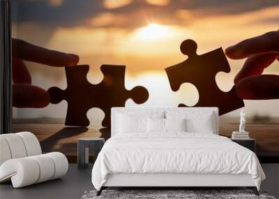 Two puzzle pieces fitting perfectly together, representing a successful partnership. Wall mural