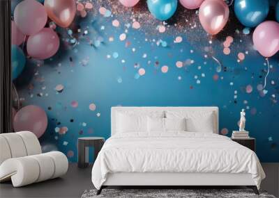 Whimsical backdrop of pink and blue balloons and confetti, offering ample copy space for a festive celebration. Wall mural