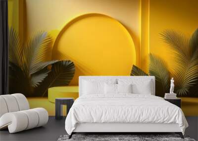 Yellow 3D podium with a tropical summer background for product display, featuring a minimalistic stage and beauty scene. Wall mural