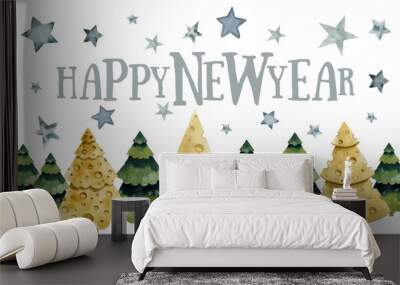 spruce forest, spruce cheese, happy new year 2020, watercolor illustration Wall mural