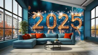 2025 Happy New year with sparlkers and fireworks, New year celebration Wall mural