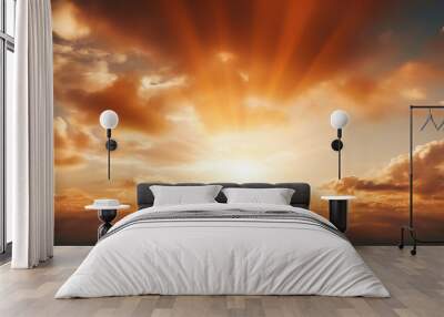 Dramatic sky as the sun sets, casting radiant beams of light through the clouds, Easter background Wall mural