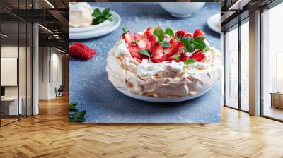 Cake Pavlova with meringue, strawberry and cream Wall mural