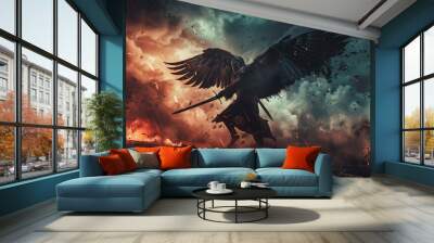 An Epic Battle Scene Featuring a Winged Warrior Set Against a Dramatic Landscape Setting. Generative AI Wall mural