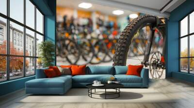 Bicycle in sports shop, focus on front wheel Wall mural