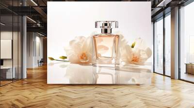 Bottle of perfume with flowers on white background. Generative AI Wall mural