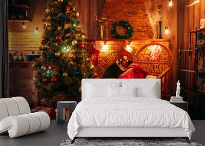 Christmas tree in the room with holiday decoration Wall mural