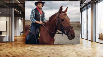 Cowboy riding a horse in desert valley, western Wall mural