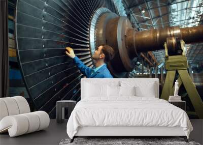 Engineer checks turbine impeller vanes, factory Wall mural