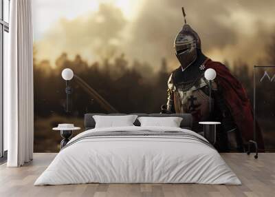 Epic medieval knight with iron armor on blurred background. Generative AI Wall mural