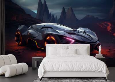 Futuristic electric super car over rocky background. Generative AI Wall mural