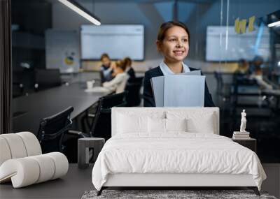 Little girl employee worker leaving conference room Wall mural