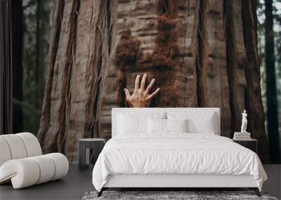 Male hand embracing majestic sequoia tree. Generative AI Wall mural