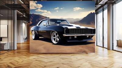 Muscle car parked on open road with scenic backdrop. Generative AI Wall mural