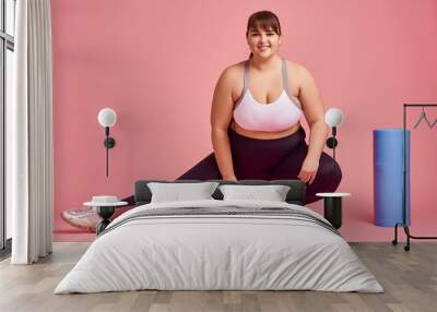 Overweight woman, fitness exercise, body positive Wall mural