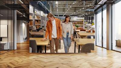 Positive loving couple testing new furniture for dining room at store Wall mural