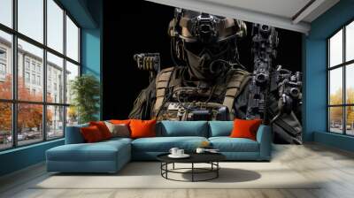 Soldier wearing helmet and camouflage with weapon. Generative AI Wall mural