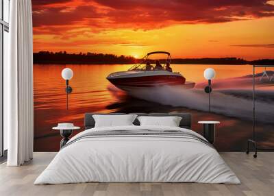 speed motorboat towing water skier in romantic vibrant sunset. generative ai Wall mural