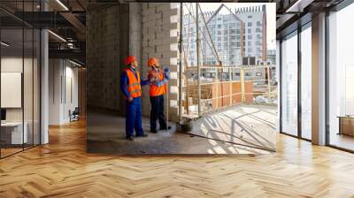 Two builders standing and talking about construction Wall mural