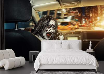 Undead girl with bloody face rides in the car Wall mural