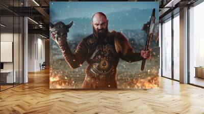 Viking holds axe and human skull, battle in fire Wall mural